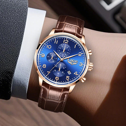 LIGE Casual Sports Watches For Men Fashion Business Leather Waterproof Quartz Men Watch Top Brand Luxury Military Chronograph