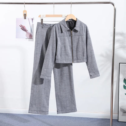 Casual Coats Pants Sets Women'S Turn-down Collar Long Sleeve Zippers Tops High Waist  Trousers 2026 Spring New Lady Chic Suit