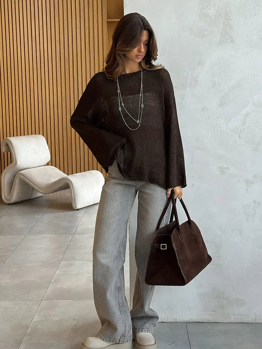 Bornladies Simple Solid Color Long Sleeved Sweater Women's Spring Knitted Hollow Top Loose Versatile Casual Sweater Pullovers