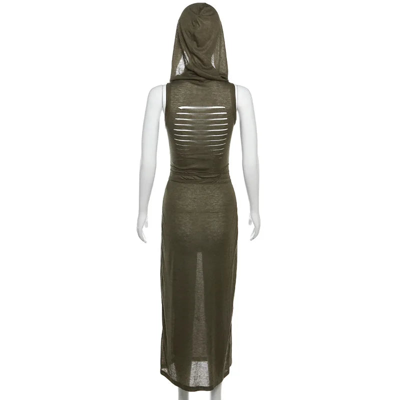 Gothic Ruffles Mesh Sleeveless Midi Hooded Dress Summer Beach Y2K Sexy Split Party Dresses Club Fashion High Street Outfits