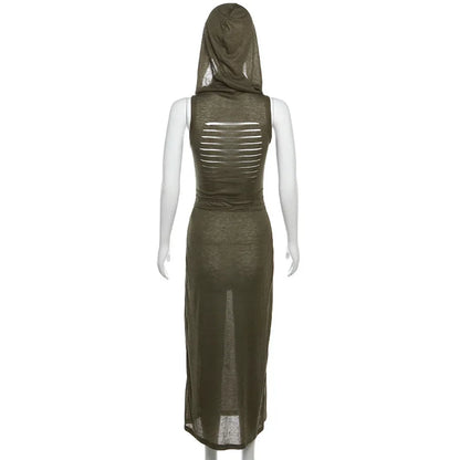 Gothic Ruffles Mesh Sleeveless Midi Hooded Dress Summer Beach Y2K Sexy Split Party Dresses Club Fashion High Street Outfits