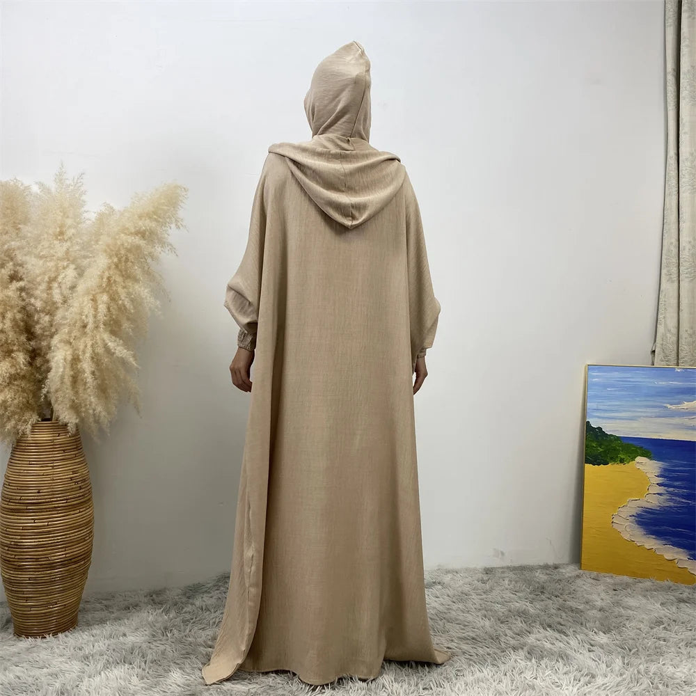 Hot Seller Ramadan Islamic Clothing Wrinkle Polyester Hoodie Abaya Dress With Undercap Muslim Women Abaya Hoodie Causal Dresses