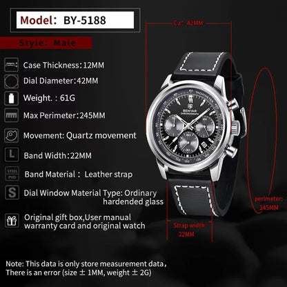 BENYAR 5188 New Quartz Watches for Men Top Brand 42MM Military Watch Luxury Chronograph 30M Waterproof Male Clock Reloj Hombre