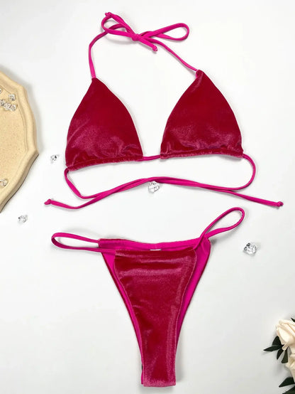 Sexy Velvet Swimsuit for Women, Micro Bikini Set, Thong Swim Suit, 2 Piece Bathing Suit for Ladies, Green String Bikini, 2022