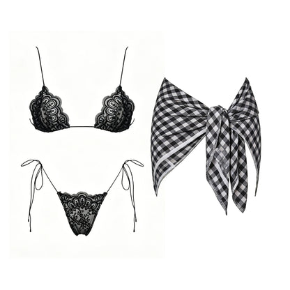 Mesh Bikini with Pants Swimsuit Brazilan Bikini Set Swimwear for Women Lace Halter Shirring 3 Pcs Bathing Suits Summer Female