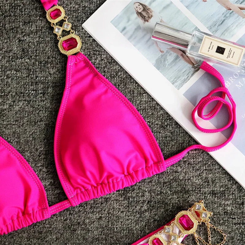 2026 Shiny Rhinestone Diamond Bikini Women Swimsuit Female Swimwear Two Pieces Bikini Set Halter Metal Chains Bathing Suit Swim