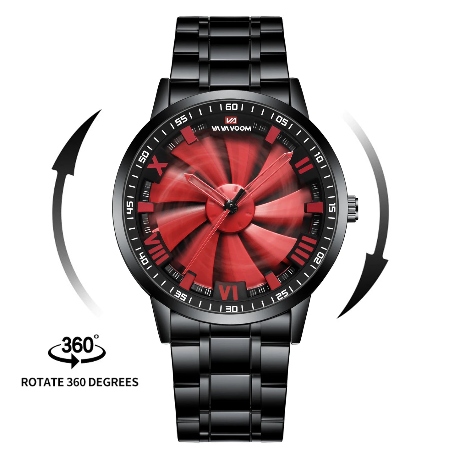 Sports Men Watch 43mm Red Rotating Dial Black Stainless Steel With Quartz Clock Simulation Car Hub 3Bar Daily Waterproof Watches