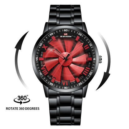 Sports Men Watch 43mm Red Rotating Dial Black Stainless Steel With Quartz Clock Simulation Car Hub 3Bar Daily Waterproof Watches