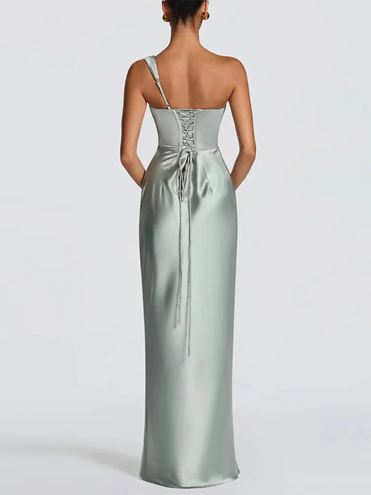 One Shoulder Satin Women 's Maxi Dress Cowl Neck Ruched Waist Bodycon Dresses 2026 Summer Woman Formal Evening Party Vestidos