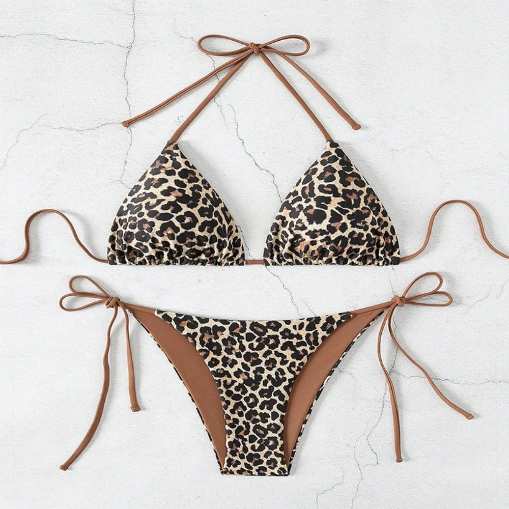 Sexy Leopard Print Two Piece Swimsuit Set Triangle Bra Suspender Halter Backless Bikini Set Beach Vacation Lace-up Swimwear 2025