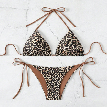 Sexy Leopard Print Two Piece Swimsuit Set Triangle Bra Suspender Halter Backless Bikini Set Beach Vacation Lace-up Swimwear 2025