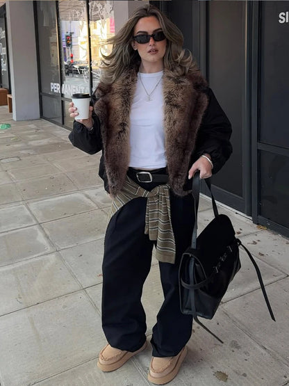 Brown Faux Fur Collar Leather Jacket Women Oversize Design Long Sleeve Coat 2025 Fashion Luxurious Versatile Bomber Outerwear
