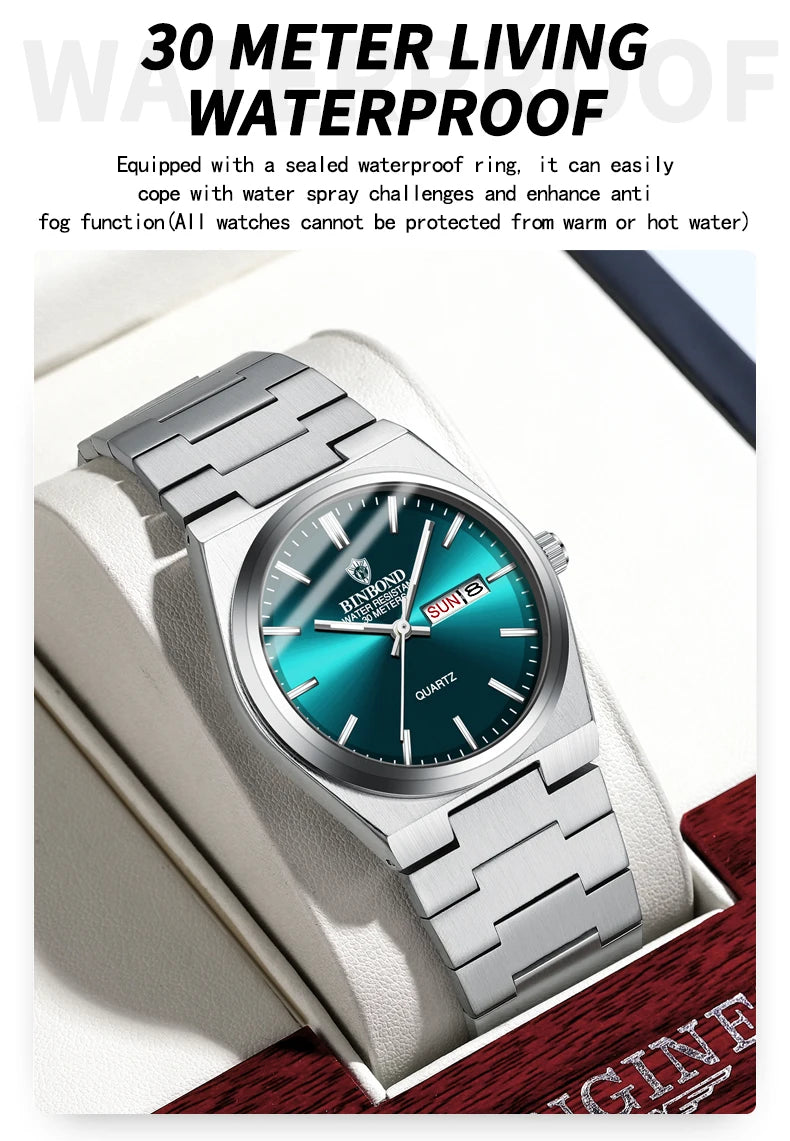 BINBOND Fashion B102 Men Business Watch Leisure Quartz Stainless Steel Buckle Watches Waterproof Luminous Calendar Men's Watches