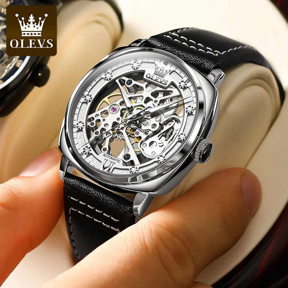 OLEVS 6651 Transparent Hollow Automatic Watches for Men Leather Strap Tonneau PUNK Style Mechanical Writwatch Luxury Man Watch