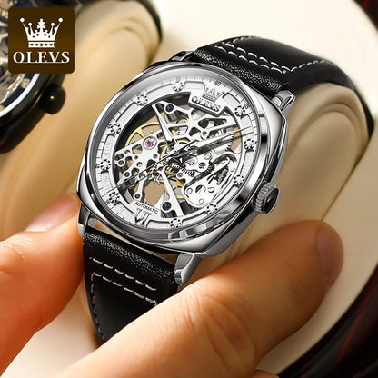 OLEVS 6651 Transparent Hollow Automatic Watches for Men Leather Strap Tonneau PUNK Style Mechanical Writwatch Luxury Man Watch