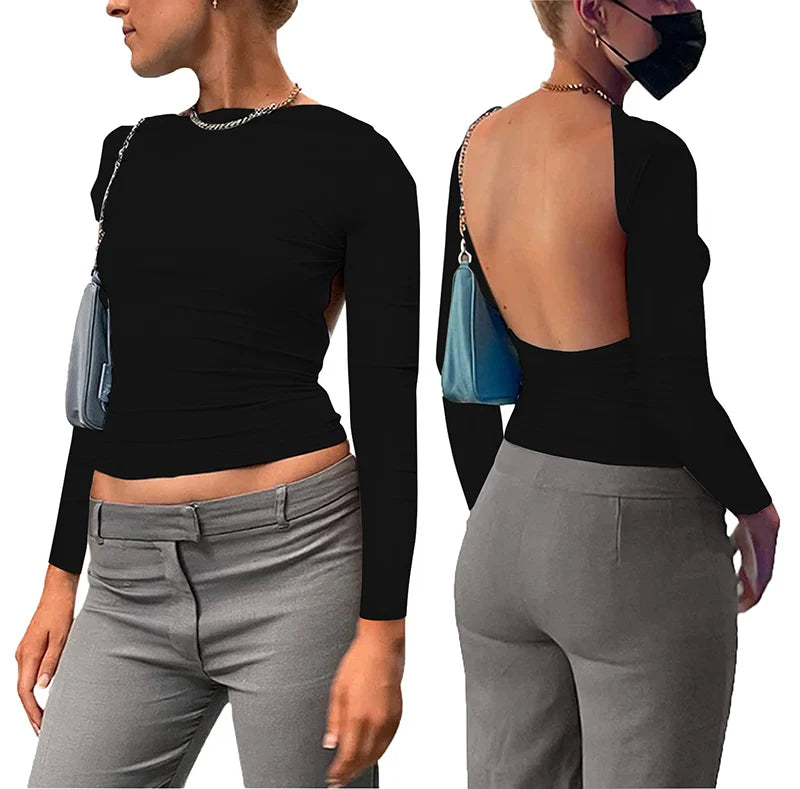 Backless Short Sleeve Blue Y2K Crop Top Women Casual O Neck  Summer T Shirts Sexy Vintage Cut Out