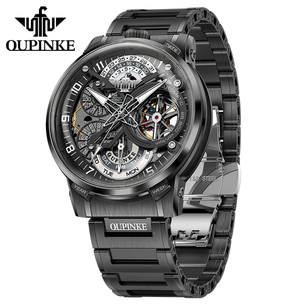 OUPINKE Black Steel Tourbillon Mens Wrist Watches Skeleton Automatic Mechanical Watch Fashion Wrist Watch Mens Sapphire