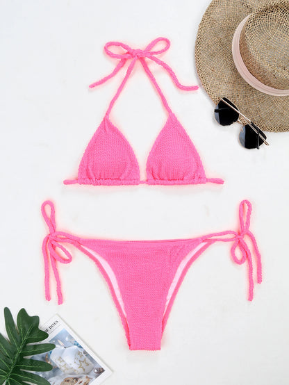 Summer wrinkled fabric special fabric wave strip sexy bikini women fluorescent strap split swimsuit women