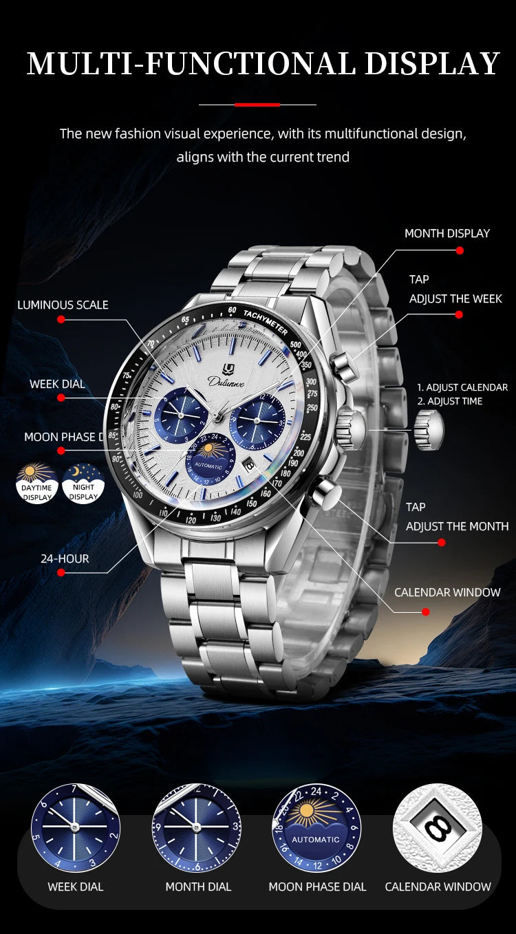 Automatic Watch for Men Stainless Steel Luminous Waterproof Moon Phase Man Watches Luxury Men's Mechanical Wristwatch