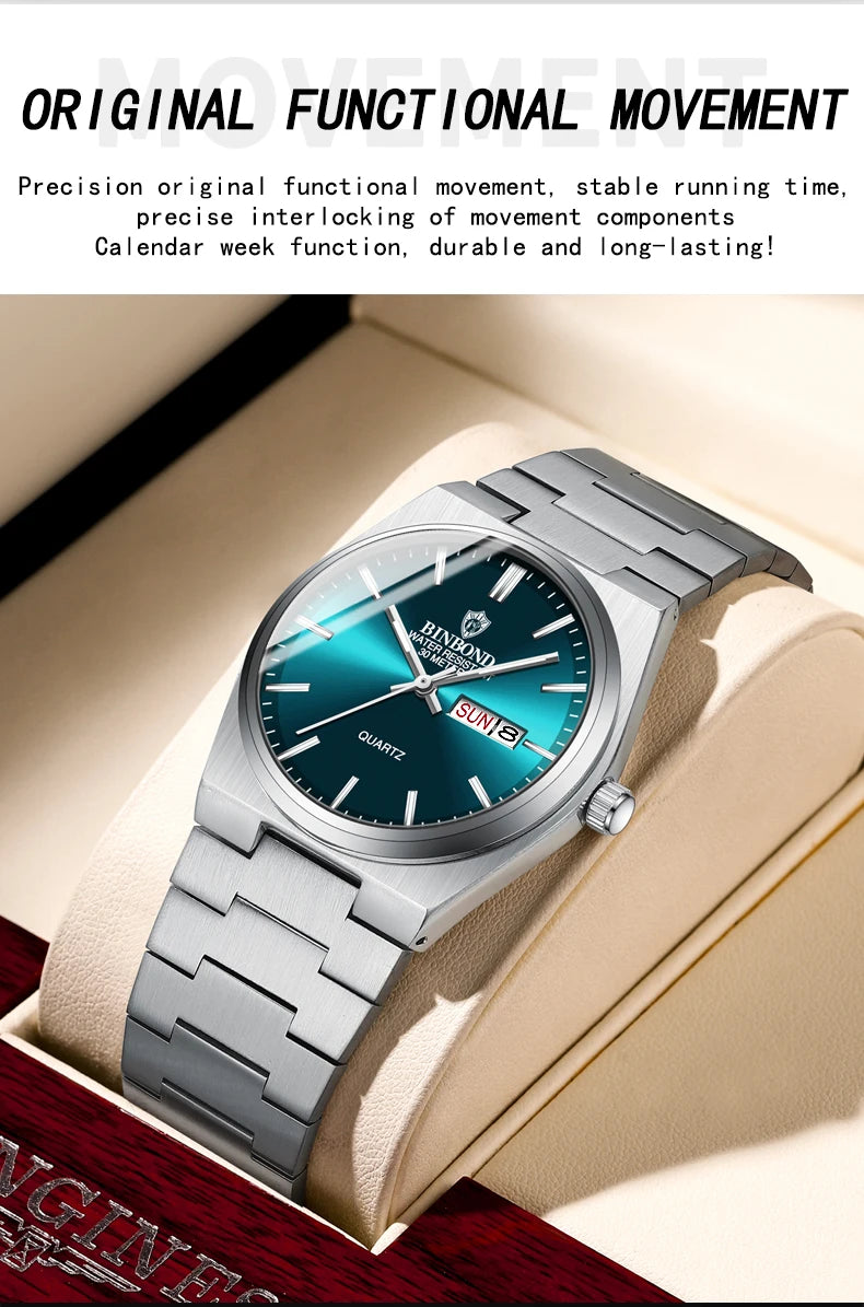 BINBOND Fashion B102 Men Business Watch Leisure Quartz Stainless Steel Buckle Watches Waterproof Luminous Calendar Men's Watches