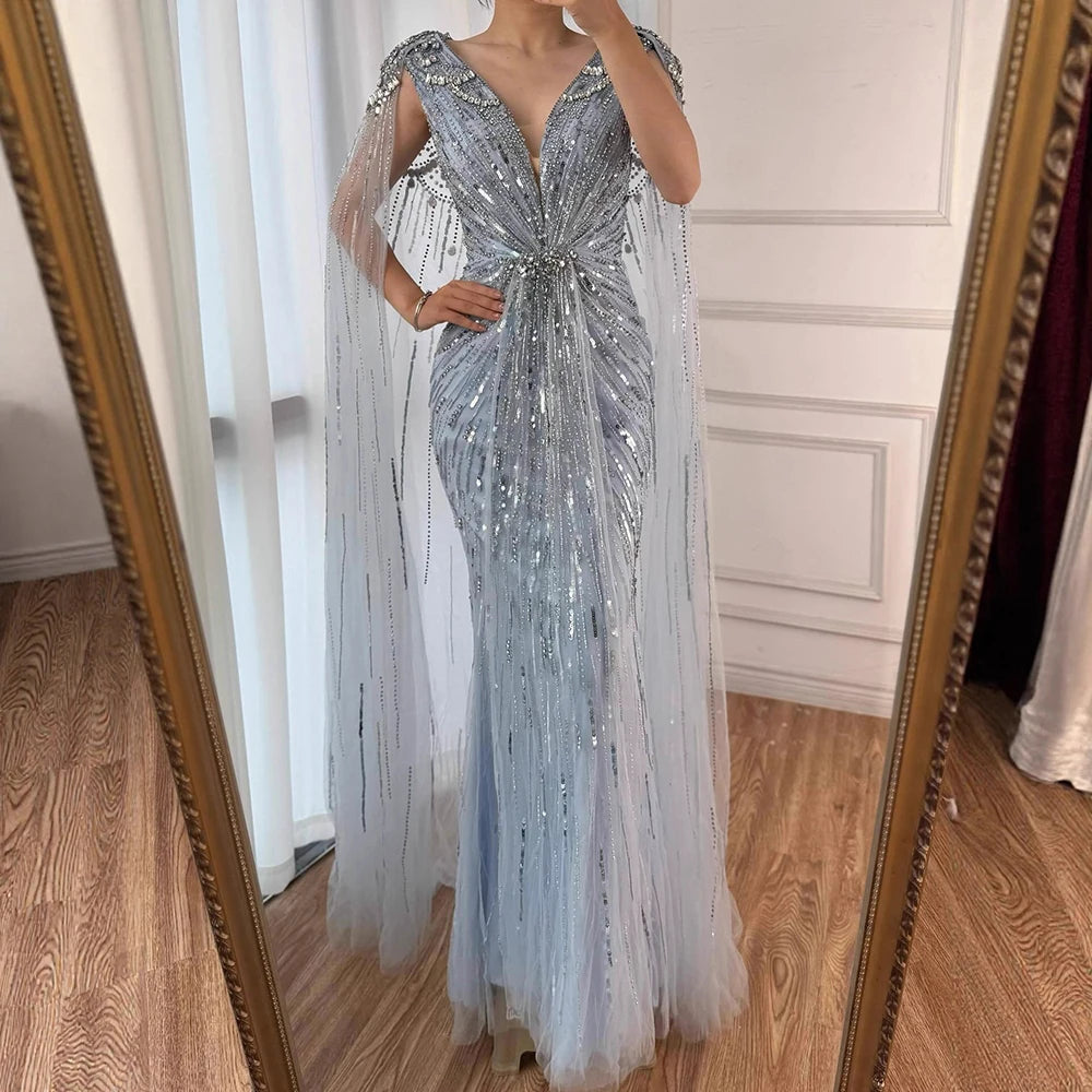 Serene Hill 2025 Turquoise Mermaid Evening Dresses Gowns With Beaded  Cape For Women's Wedding Party LA72168A Customized