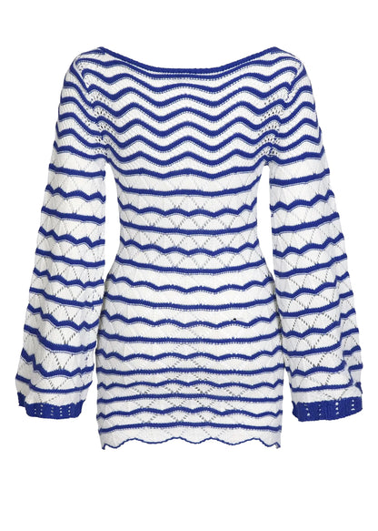 Sexy Boho Striped Chic V-neck Cut Out Bell Sleeve Knit Beach Mini Dress 2026 Summer Women Seaside Holiday Swimsuit Cover Up K123