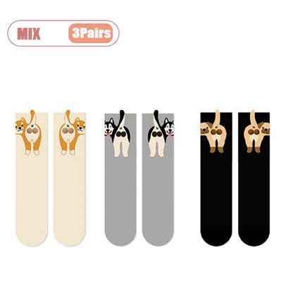 Cartoon Cat Egg Couple Socks Cozy Mid-Calf for Maternity Warm Winter Cute Present for Christmas Cat Lovers Family