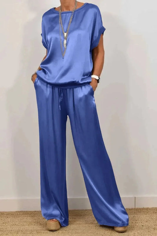 Casual Loose Satin T Shirt Pants Two Piece Sets Women Fashion O-neck Short Sleeve T Shirts Suit Spring Summer Wide Leg Pant Sets