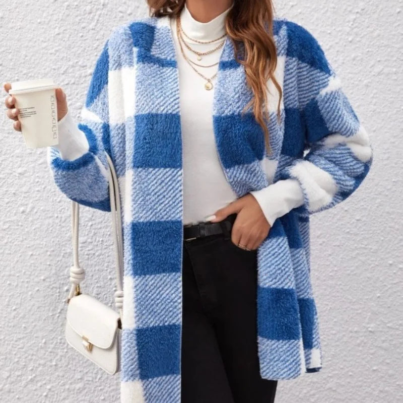Women Autumn Winter Double Fleece Plaid Cardigan Soft Loose Long Sleeve Plush Warm Hooded Jacket Female Patchwork Outerwear Coat