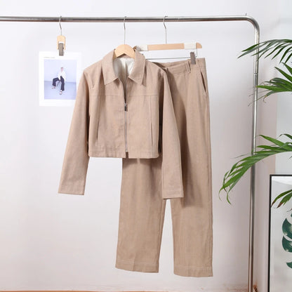 Casual Coats Pants Sets Women'S Turn-down Collar Long Sleeve Zippers Tops High Waist  Trousers 2026 Spring New Lady Chic Suit