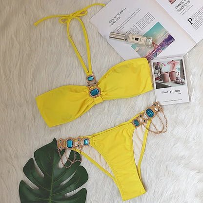2026 Shiny Rhinestone Diamond Bikini Women Swimsuit Female Swimwear Two Pieces Bikini Set Halter Metal Chains Bathing Suit Swim