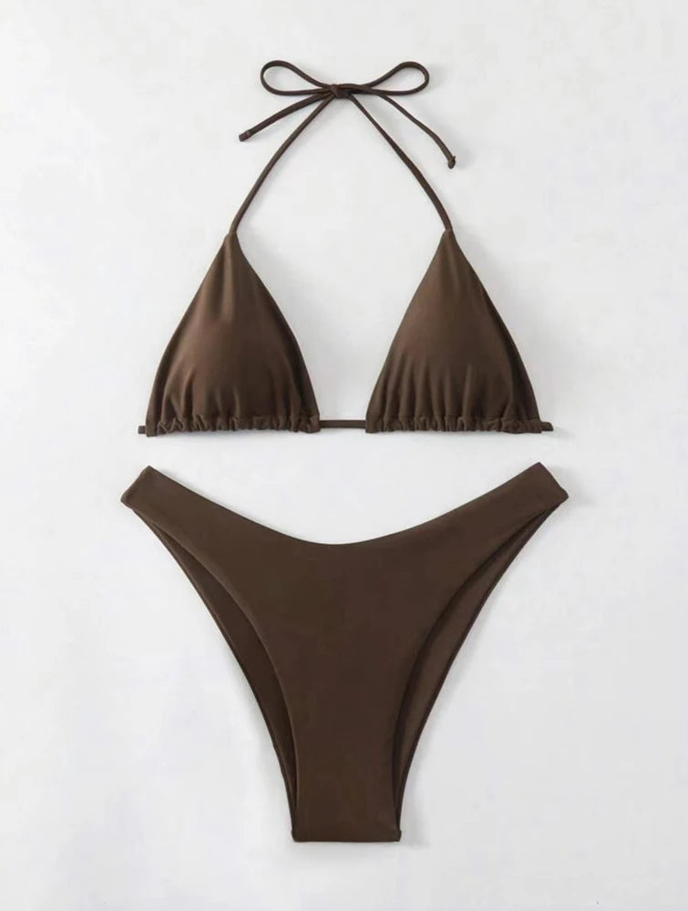 2025 New Bikini Set Women Sexy Simple Solid White/Black/Coffee Halter Bikini Swimsuit Lace Up Brazilian Beach Bathing Suit