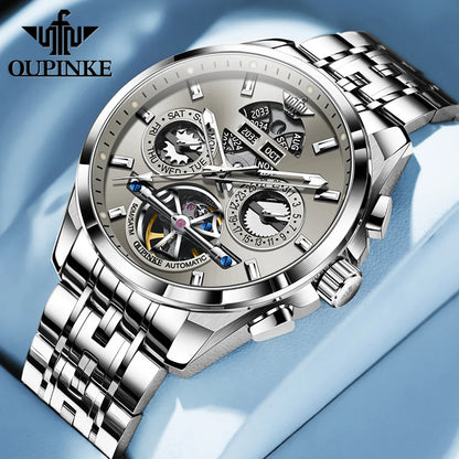 OUPINKE 3251 Men's Watches Flywheel Automatic Mechanical Original Wristwatch for Man Waterproof Luminous Perpetual Dual Calendar