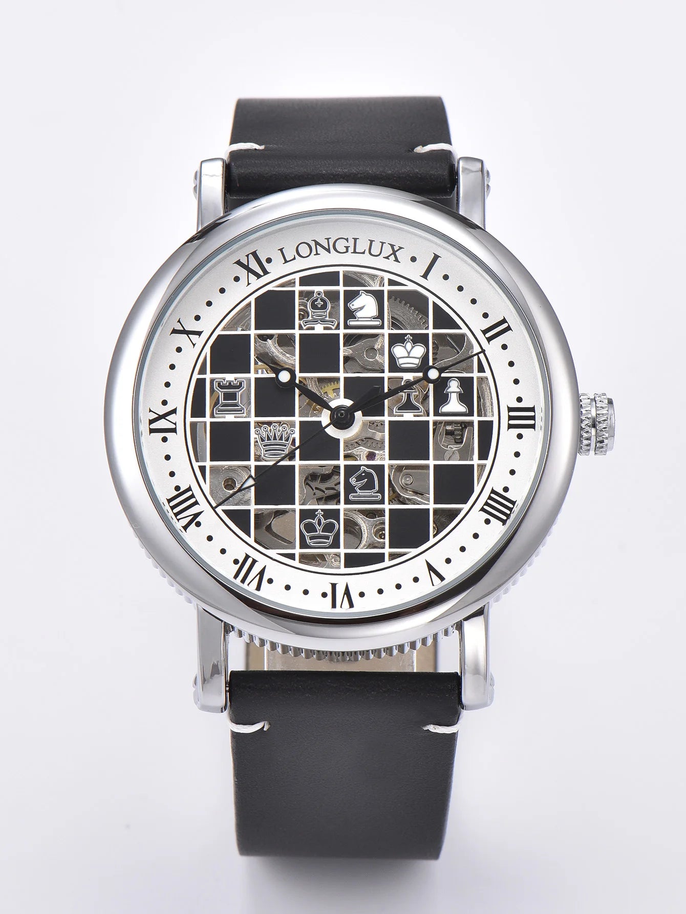 Men automatic watch chess checjerboard mechanical watches waterproof vintage business luminous skeleton leather gift for you