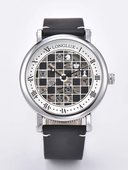 Men automatic watch chess checjerboard mechanical watches waterproof vintage business luminous skeleton leather gift for you