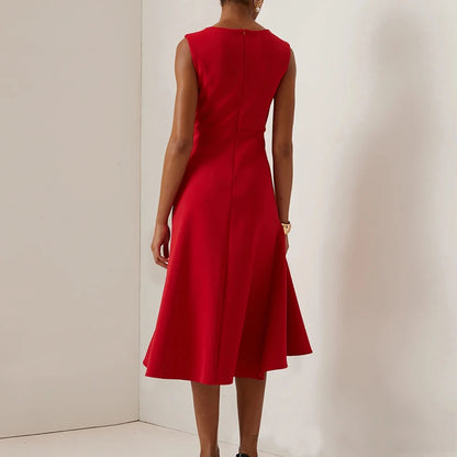 Women Crew Neck Ruffle Banquet Dress Elegant Spring Solid High Waist Slim Long Dress 2025 Summer Sleeveless A-Line Party Dresses
