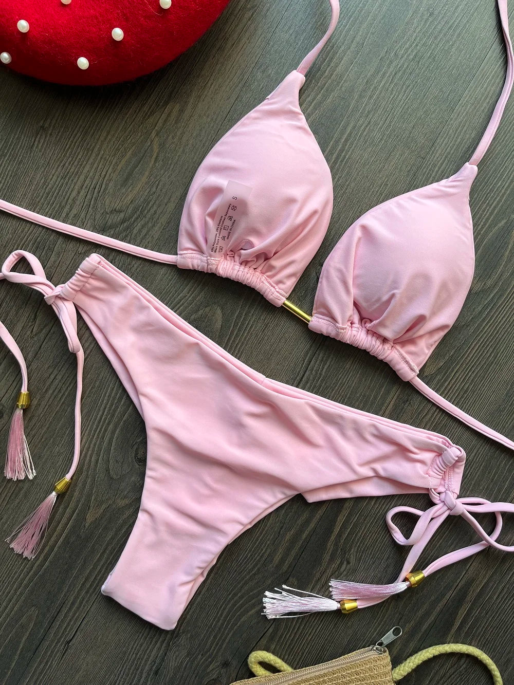 2025 New Sexy Triangle Bathing Suit for Women Brazilian Bikinis Halter Swimwear Push Up Swimsuit Metal Chain Beach Bikini Set