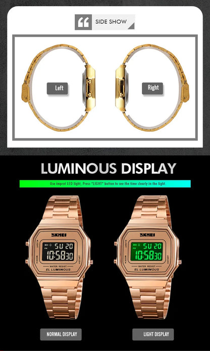 SKMEI 1647 Casual Simple Mens Wristwatches Stainless Steel Band Waterproof Watch Men reloj hombre Retro LED Digital Male Watches
