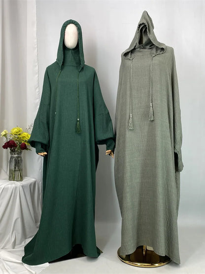 Hot Seller Ramadan Islamic Clothing Wrinkle Polyester Hoodie Abaya Dress With Undercap Muslim Women Abaya Hoodie Causal Dresses