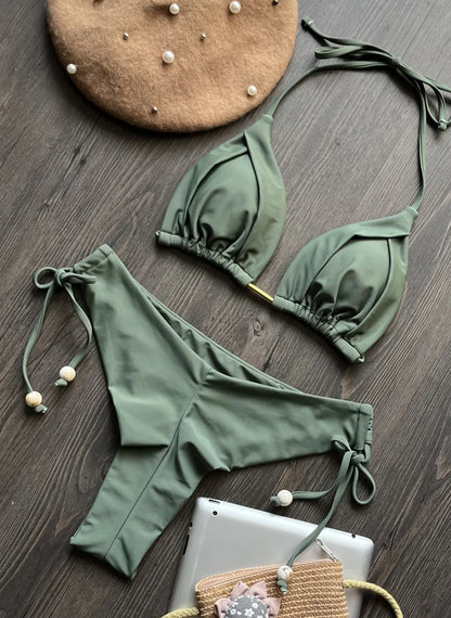 2025 New Sexy Triangle Bathing Suit for Women Brazilian Bikinis Halter Swimwear Push Up Swimsuit Metal Chain Beach Bikini Set