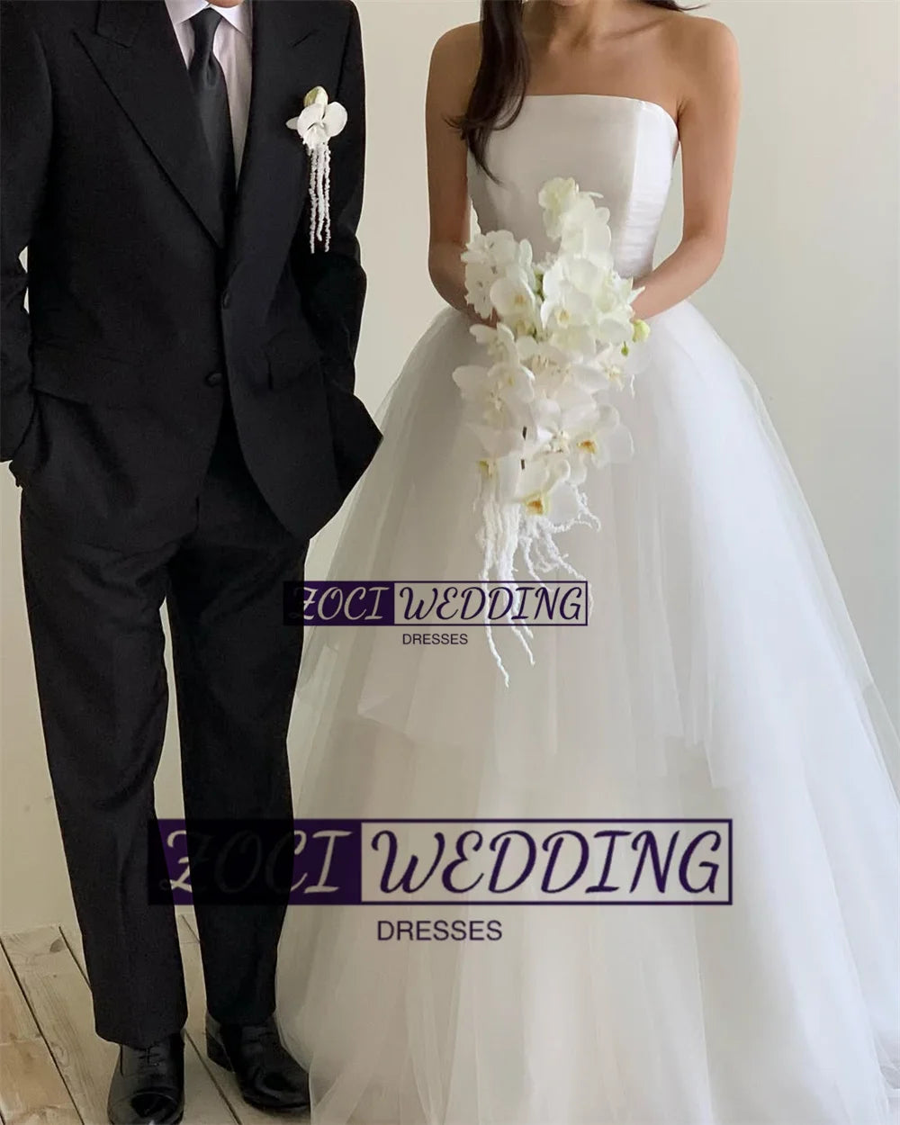 Zoci Elegant Strapless Korea A Line Wedding Dresses Shoulder Cape Photo Shoot Dress Customized Draped Tulle Backless Bridal Gown