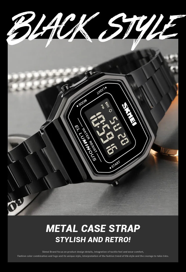 SKMEI 1647 Casual Simple Mens Wristwatches Stainless Steel Band Waterproof Watch Men reloj hombre Retro LED Digital Male Watches