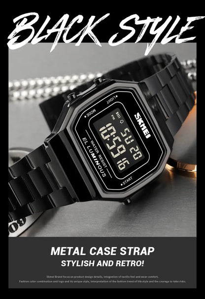 SKMEI 1647 Casual Simple Mens Wristwatches Stainless Steel Band Waterproof Watch Men reloj hombre Retro LED Digital Male Watches