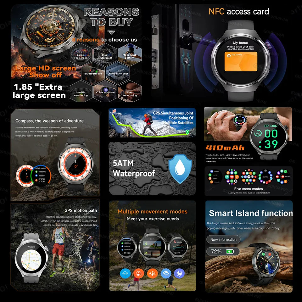 New 1.85"AMOLED NFC GPS Smart Watches For man IP68 Waterproof Blood Pressure Body Temperature Sport Fitness tracker Smart Watch