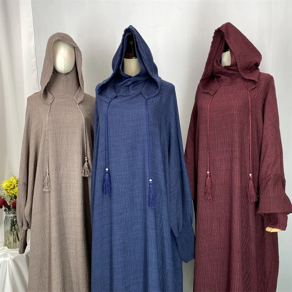 Hot Seller Ramadan Islamic Clothing Wrinkle Polyester Hoodie Abaya Dress With Undercap Muslim Women Abaya Hoodie Causal Dresses