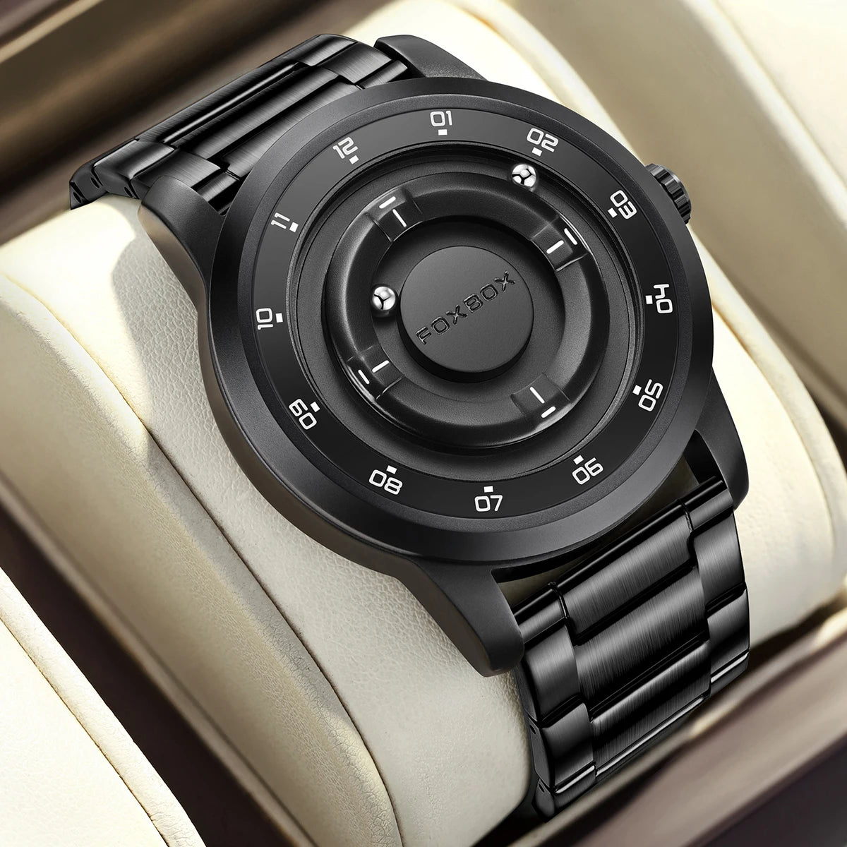 FOXBOX Personalized Mens Watches Creative Simple Floating Magnetic Pointer Quartz Wristwatch Steel Waterproof Watch for Man