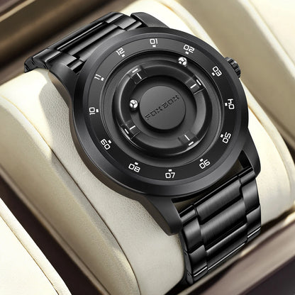 FOXBOX Personalized Mens Watches Creative Simple Floating Magnetic Pointer Quartz Wristwatch Steel Waterproof Watch for Man