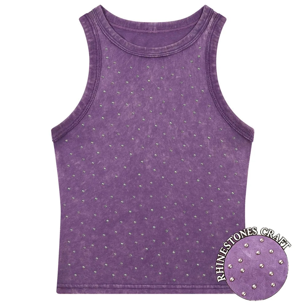 Y2k Cotton Solid Tank Tops For Womens Summer Sexy Sleeveless O-Neck Tight Washed Crop Tees Casual All-math Basic Streetwear