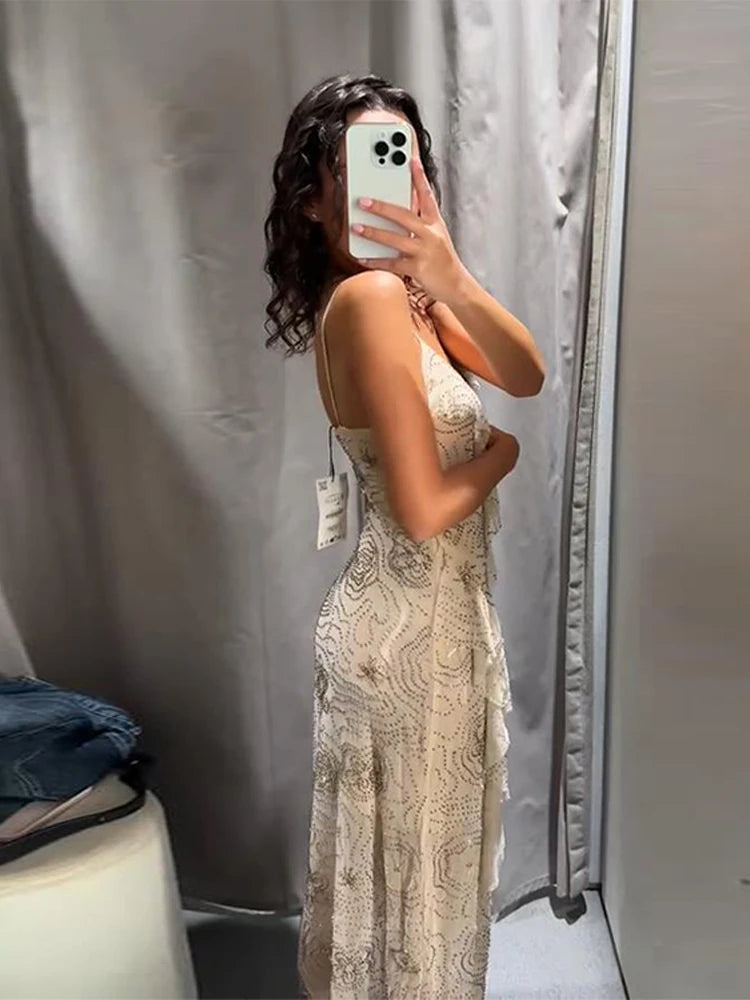 Sexy Sequin Women's Beads Sling Dress Fashion V-Neck High Waist Slim Fit Lady's Dresses Summer Beach Holiday Party Robes