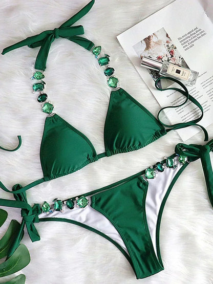 2026 Shiny Rhinestone Diamond Bikini Women Swimsuit Female Swimwear Two Pieces Bikini Set Halter Metal Chains Bathing Suit Swim